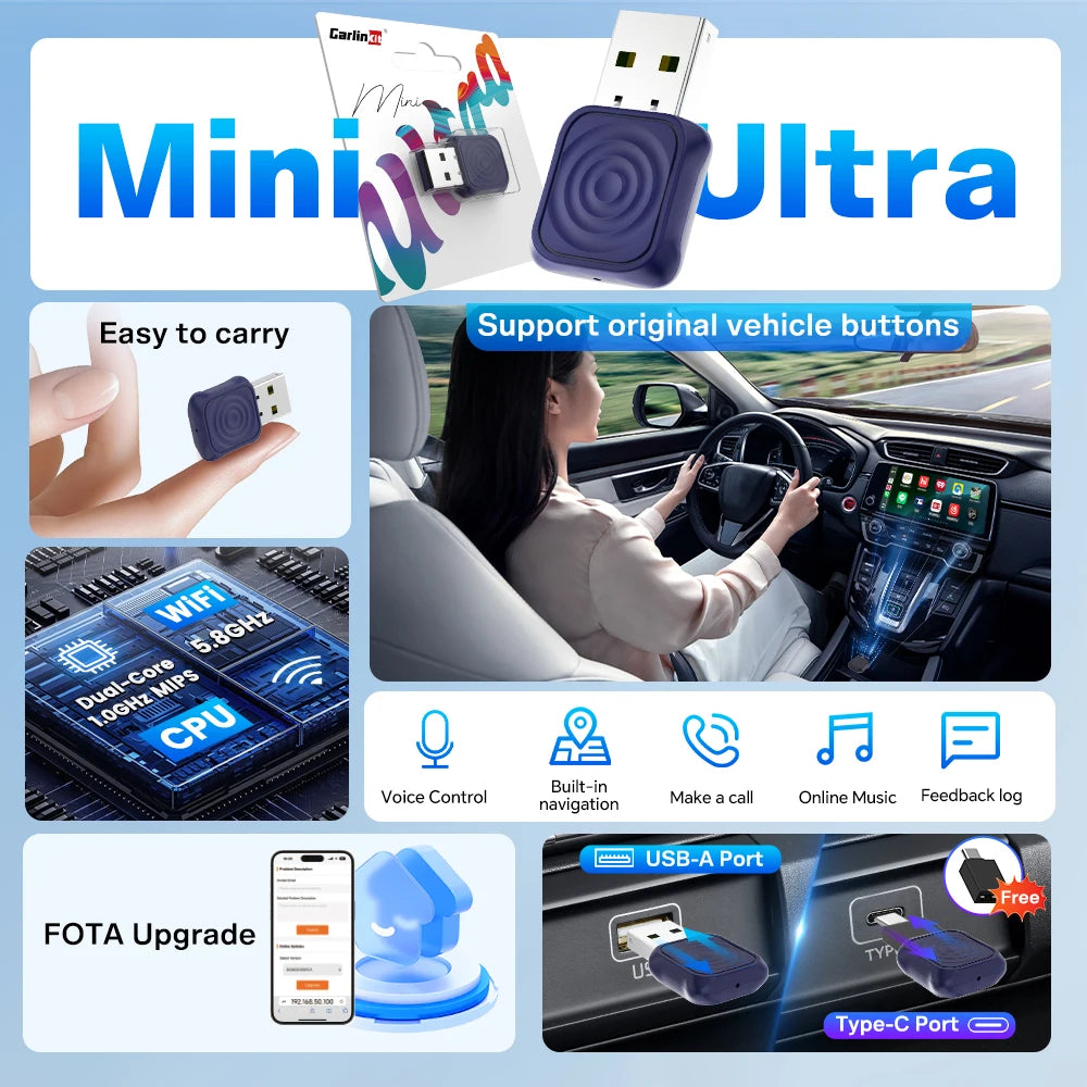 CarlinKit Mini Wireless CarPlay Adapter 2025 New Android Auto Wireless Dongle Wifi 5.8G Auto Connect Box Support Spotify  Music