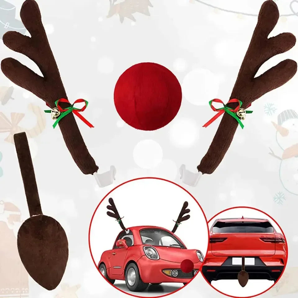 Christmas Car Decoration Deer Horn Antlers Car Kit with Red Nose and Tail for Holiday Gift Set Car Accessories Pendant
