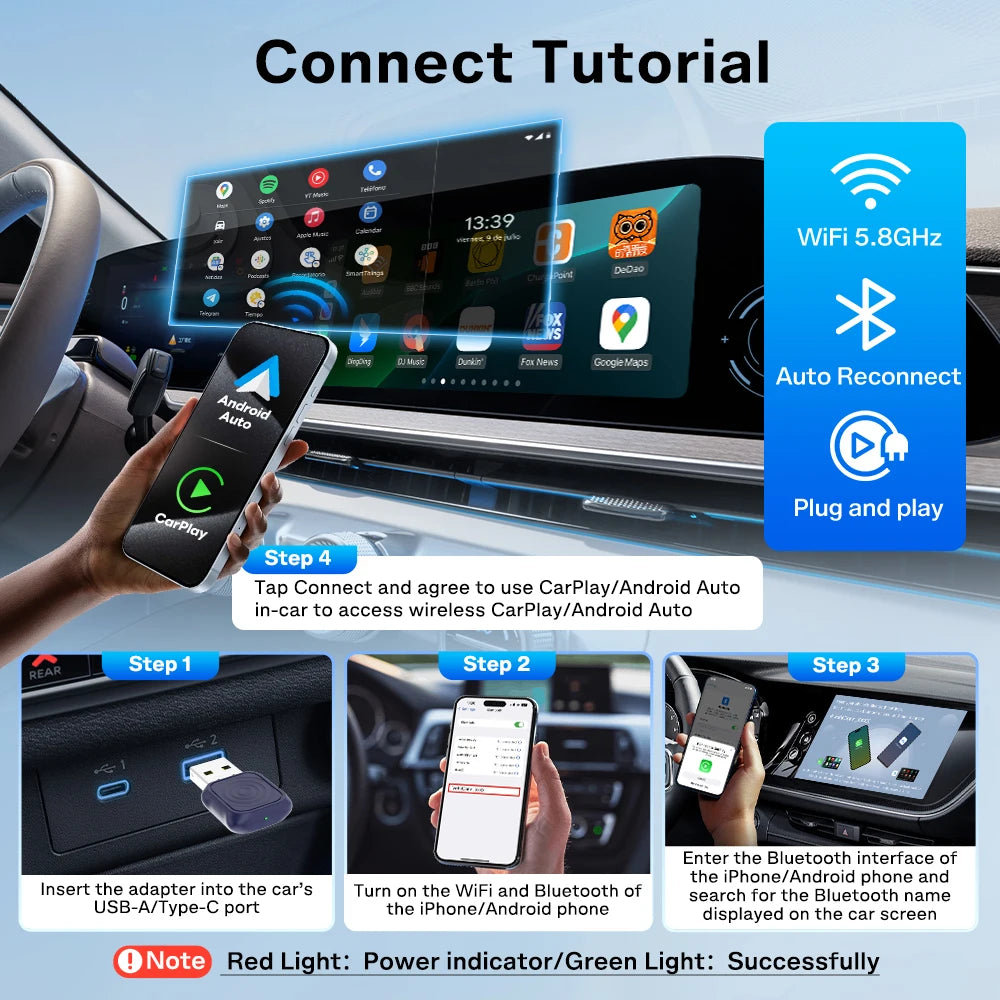 CarlinKit Mini Wireless CarPlay Adapter 2025 New Android Auto Wireless Dongle Wifi 5.8G Auto Connect Box Support Spotify  Music