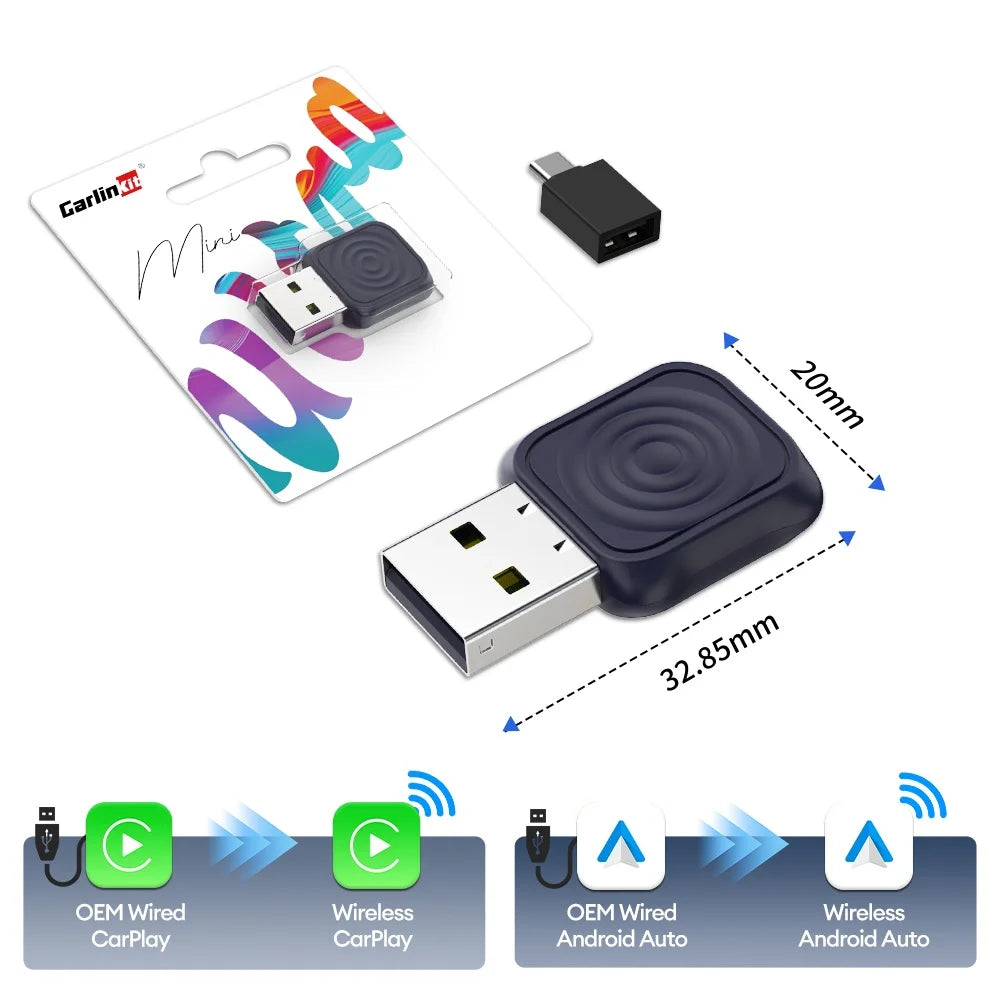 CarlinKit Mini Wireless CarPlay Adapter 2025 New Android Auto Wireless Dongle Wifi 5.8G Auto Connect Box Support Spotify  Music